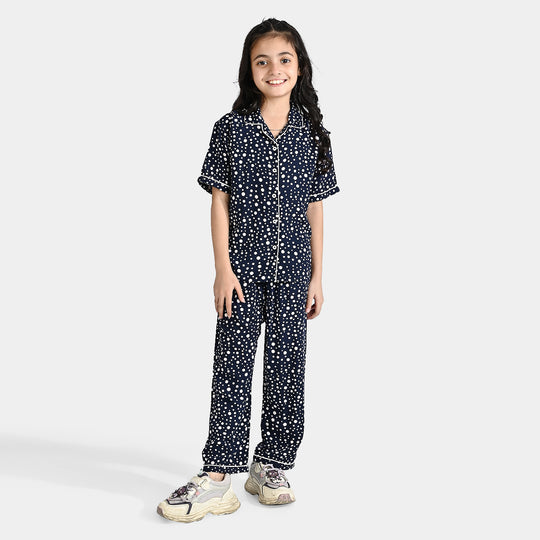 Girls Viscose Woven Nightwear Polka-NAVY