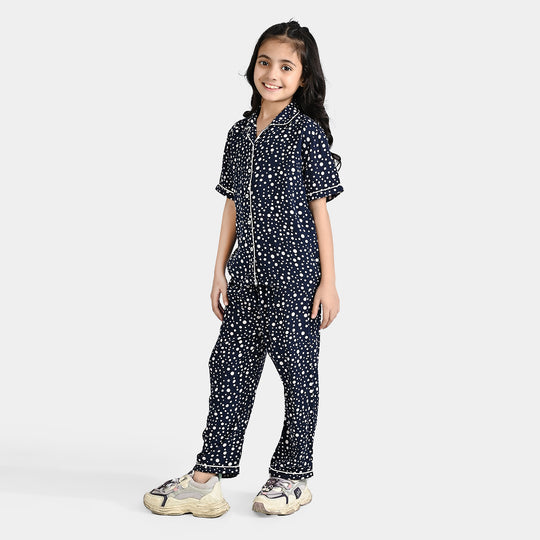 Girls Viscose Woven Nightwear Polka-NAVY