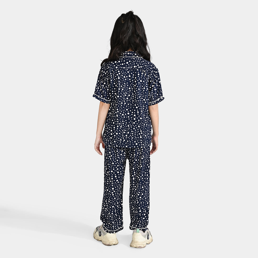 Girls Viscose Woven Nightwear Polka-NAVY