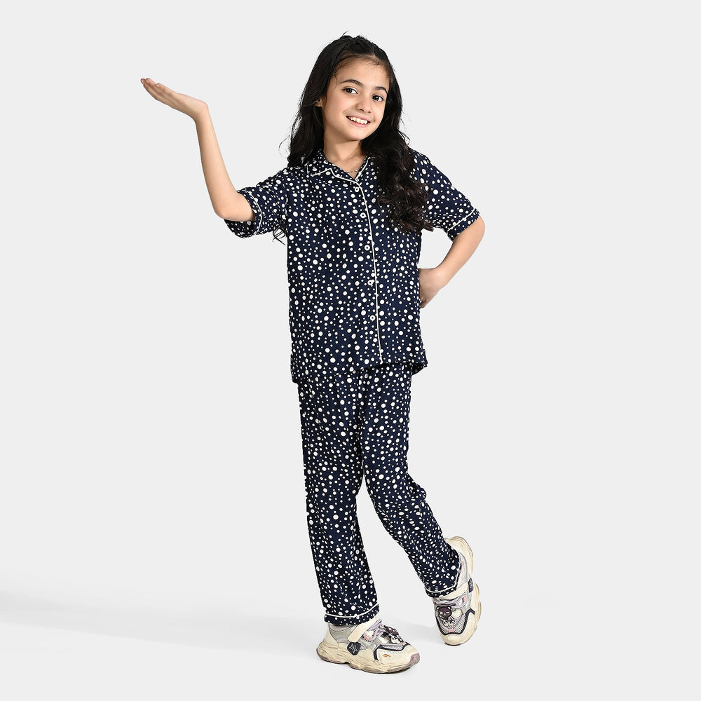 Girls Viscose Woven Nightwear Polka-NAVY