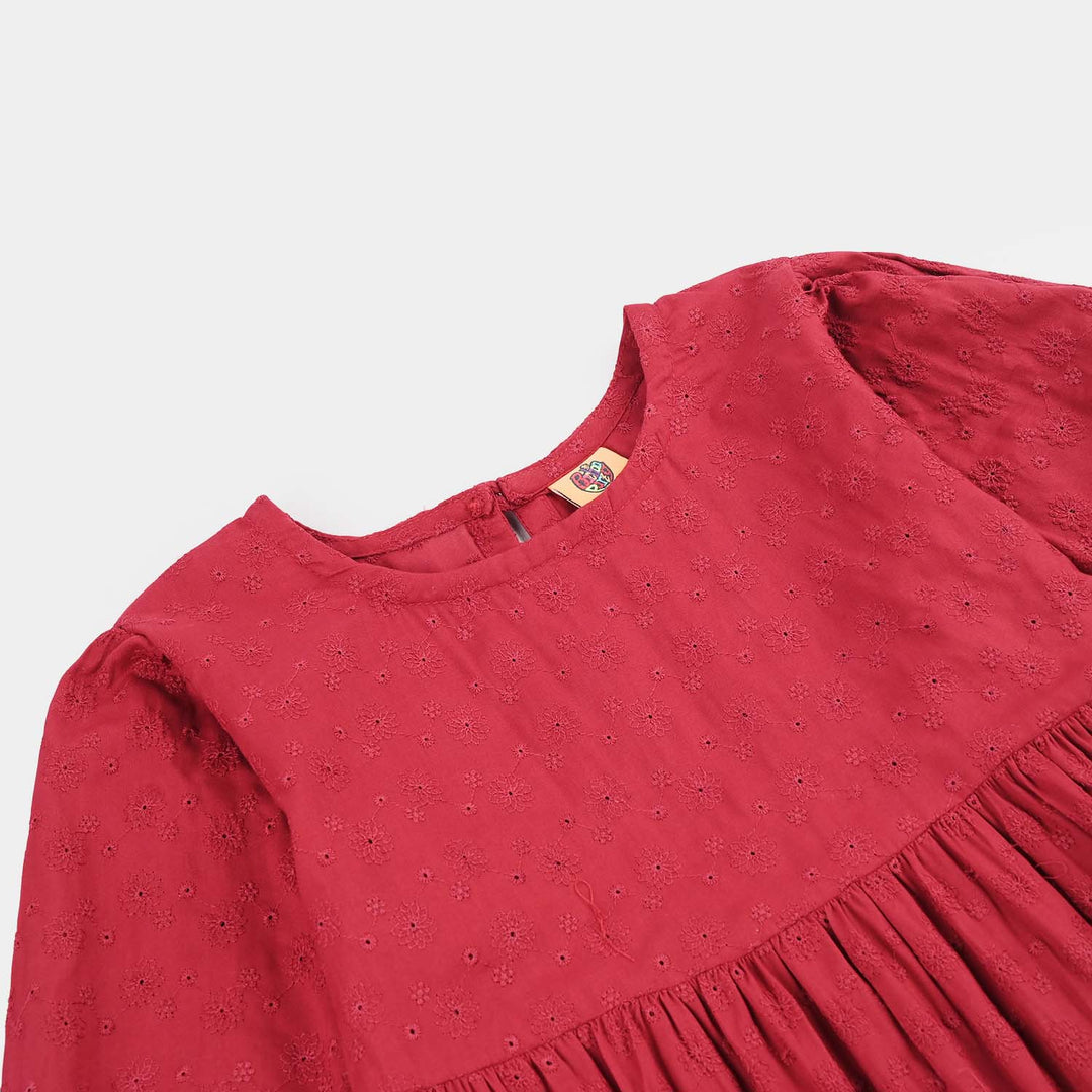 Girls Cotton Casual Frock Salsa- Red