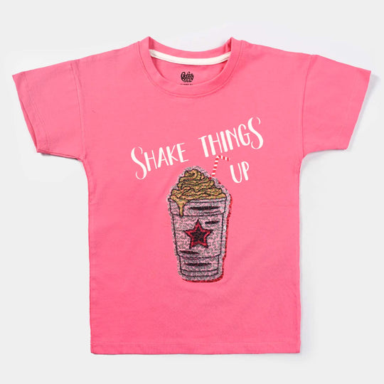 Girls Cotton Jersey T-Shirt H/S Shake Things-Hot Pink