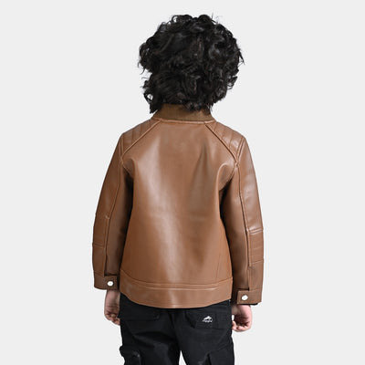 Boys Genuine Sheep Leather Jacket Biker-BROWN