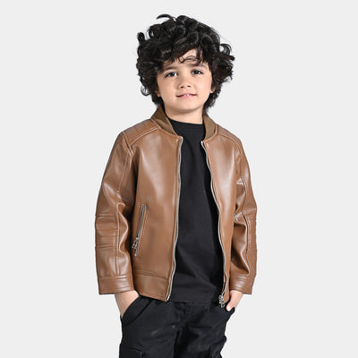 Boys Genuine Sheep Leather Jacket Biker-BROWN