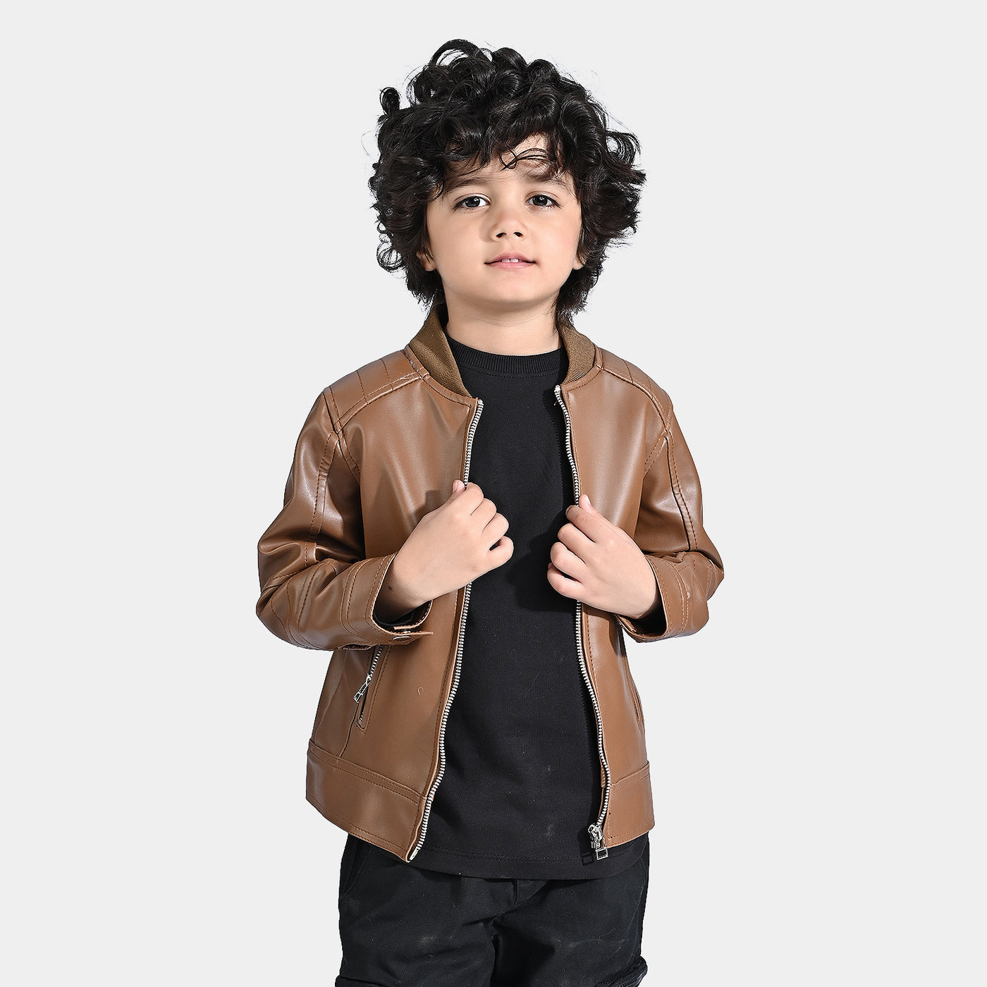 Boys Genuine Sheep Leather Jacket Biker-BROWN