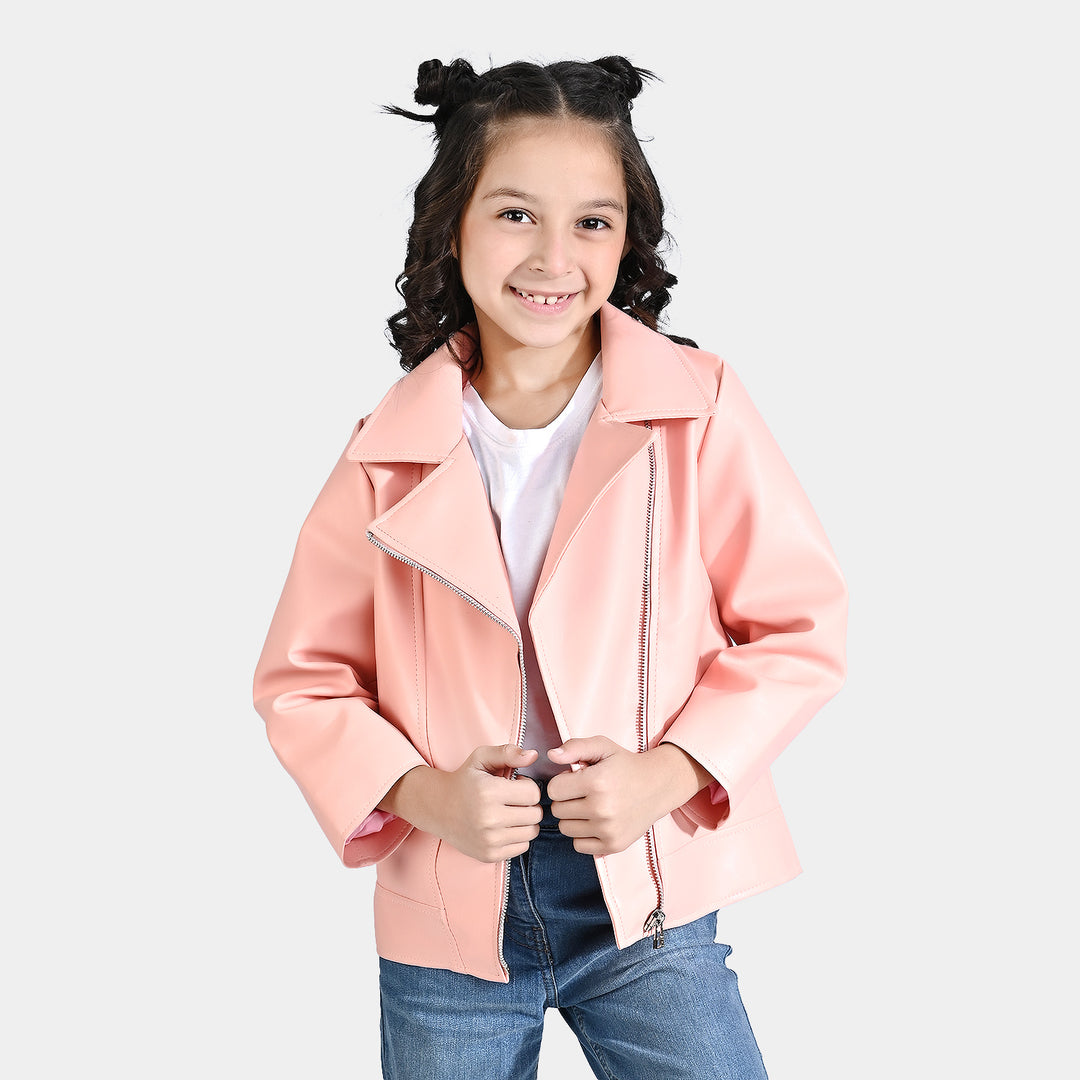 Girls Genuine Sheep Leather Jacket- Peach