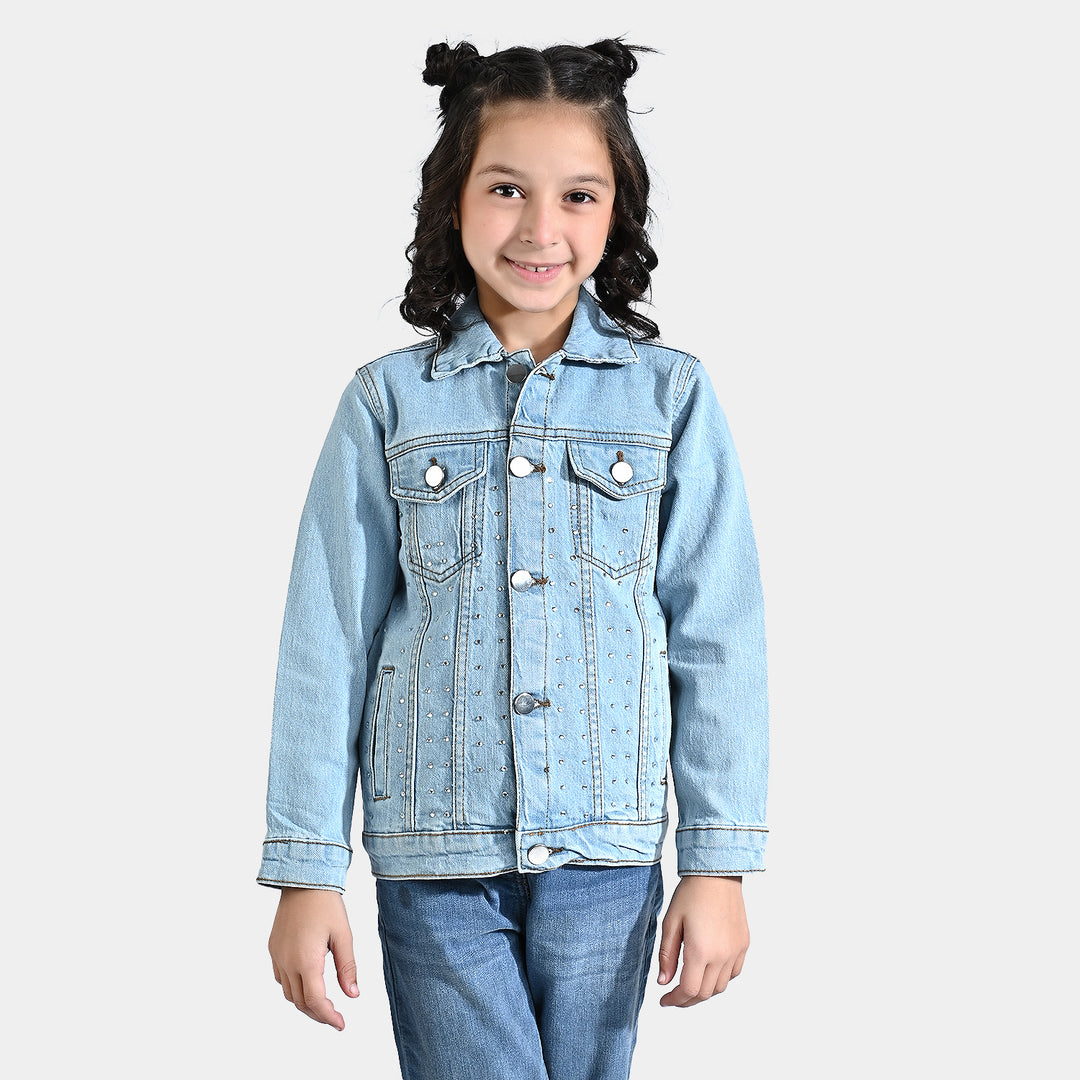 Girls Denim rigid Jacket Silver Studs-Mid Blue