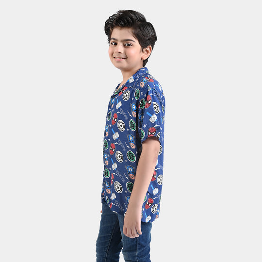 Boys Cotton Viscose Casual Shirt H/S Printed-Blue