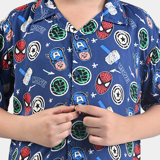 Boys Cotton Viscose Casual Shirt H/S Printed-Blue