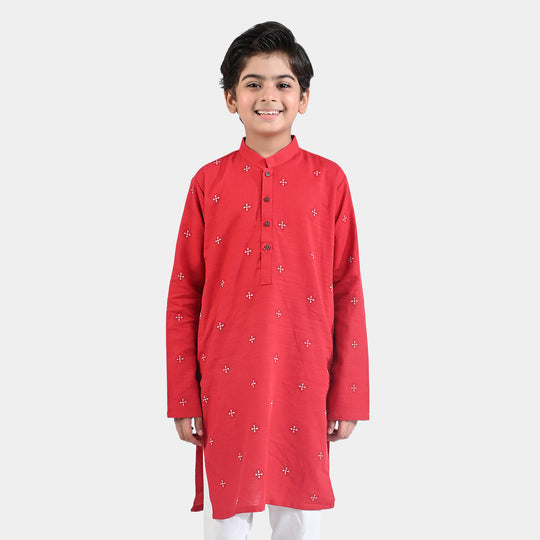 Boys Cotton Slub Printed Kurta (Puff Print)-Red