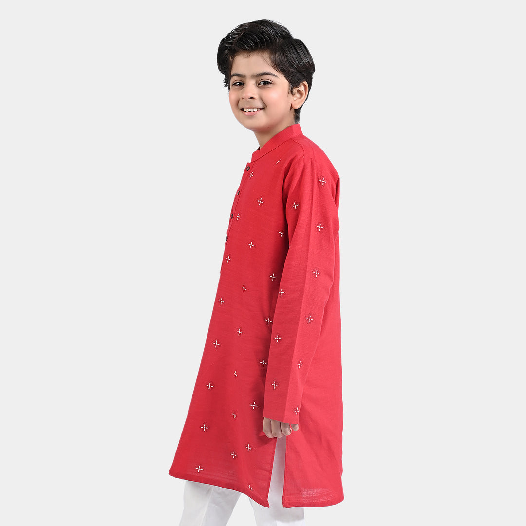 Boys Cotton Slub Printed Kurta (Puff Print)-Red