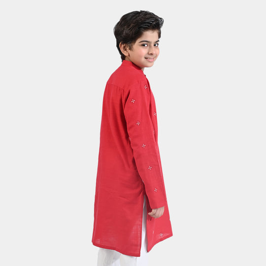 Boys Cotton Slub Printed Kurta (Puff Print)-Red