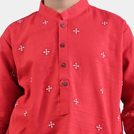 Boys Cotton Slub Printed Kurta (Puff Print)-Red