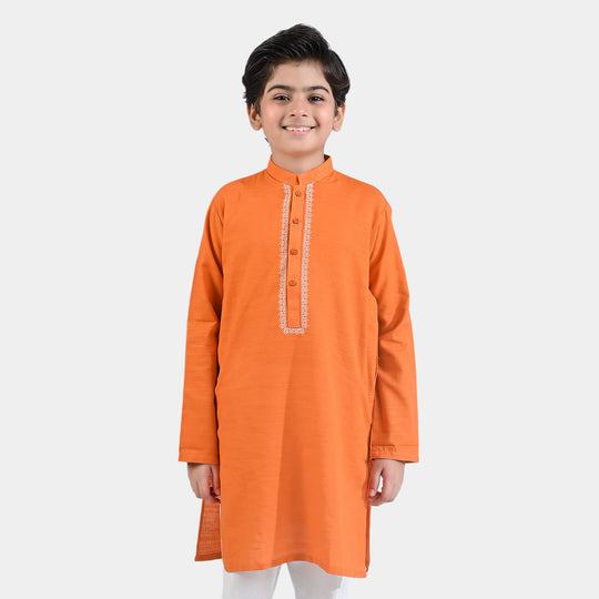 Boys Cotton Slub Printed Kurta (Tribal)-B.Orange