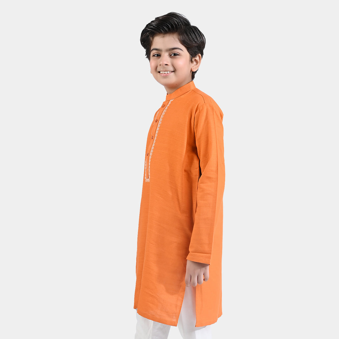 Boys Cotton Slub Printed Kurta (Tribal)-B.Orange