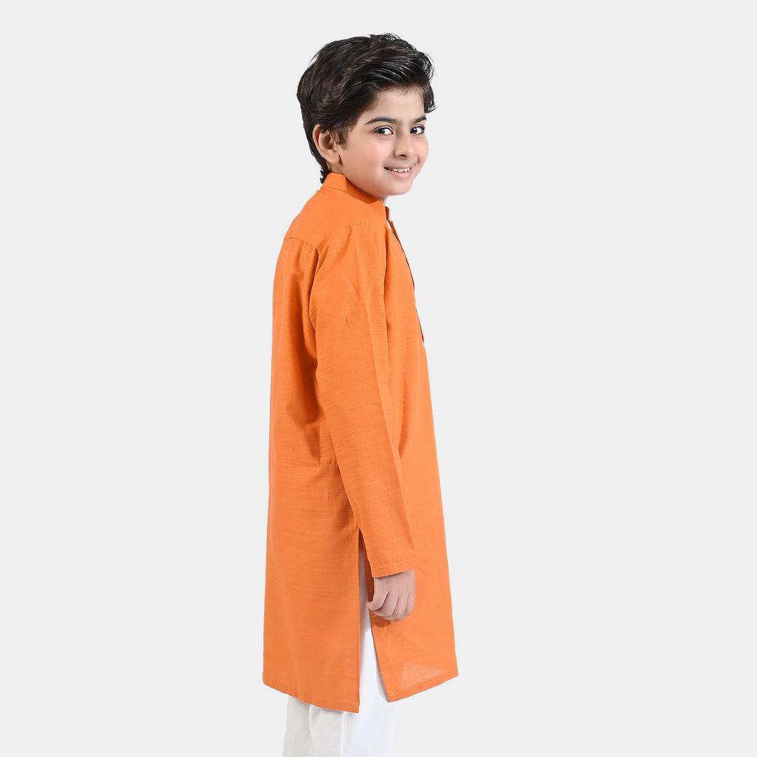 Boys Cotton Slub Printed Kurta (Tribal)-B.Orange