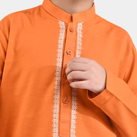 Boys Cotton Slub Printed Kurta (Tribal)-B.Orange