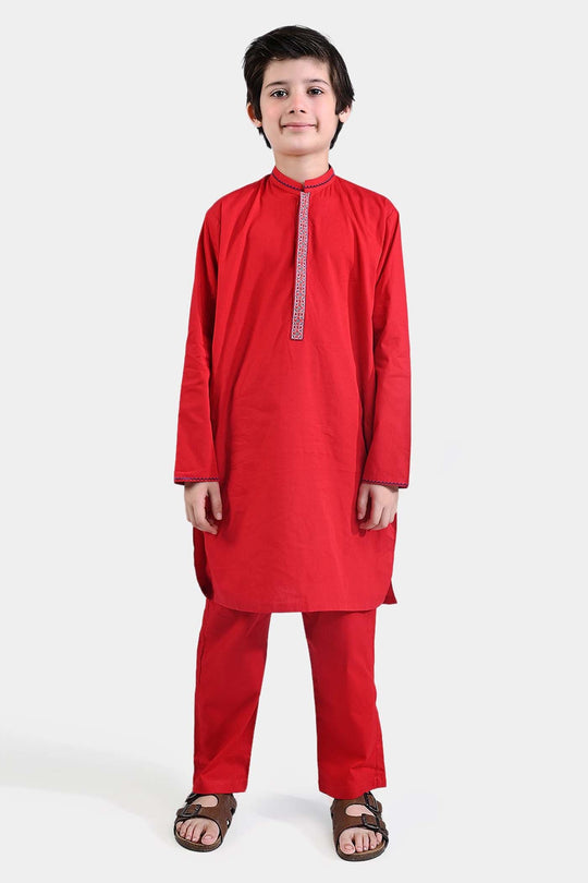 Boys Cotton Poplin Two-Piece (Funky Motif)-Red