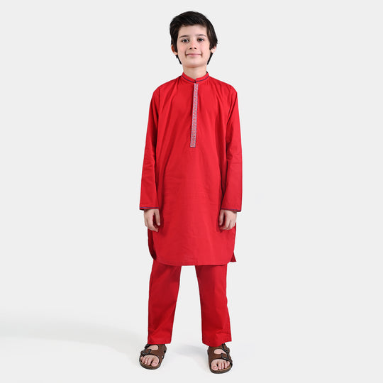 Boys Cotton Poplin Two-Piece (Funky Motif)-Red