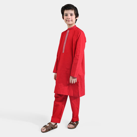 Boys Cotton Poplin Two-Piece (Funky Motif)-Red