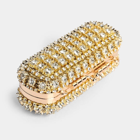 Gold Crystal Clutch Bag With Chain Strap