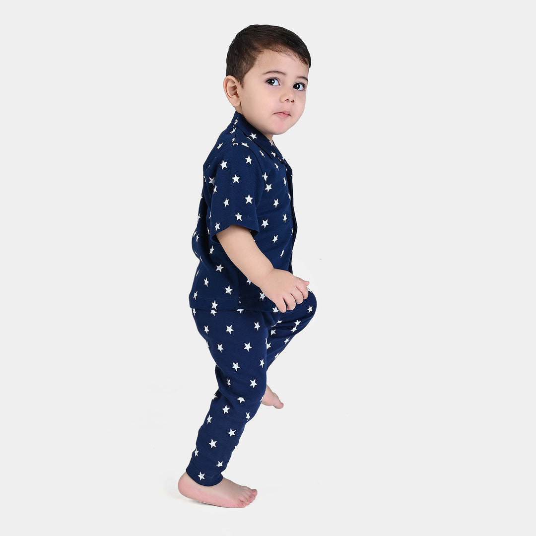 Infant Boys Cotton Jersey Knitted Night Suit Stars-NAVY