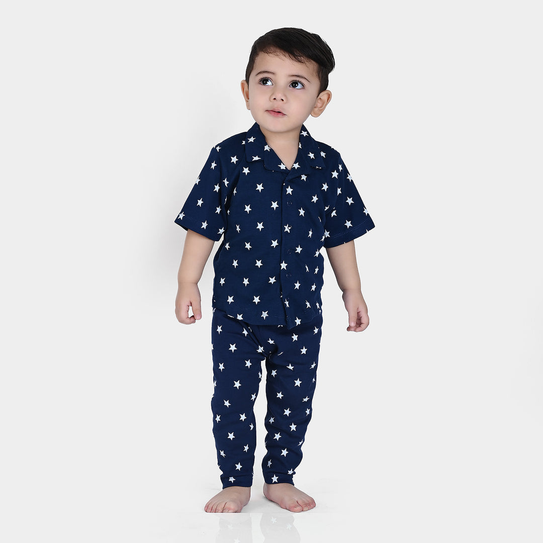 Infant Boys Cotton Jersey Knitted Night Suit Stars-NAVY