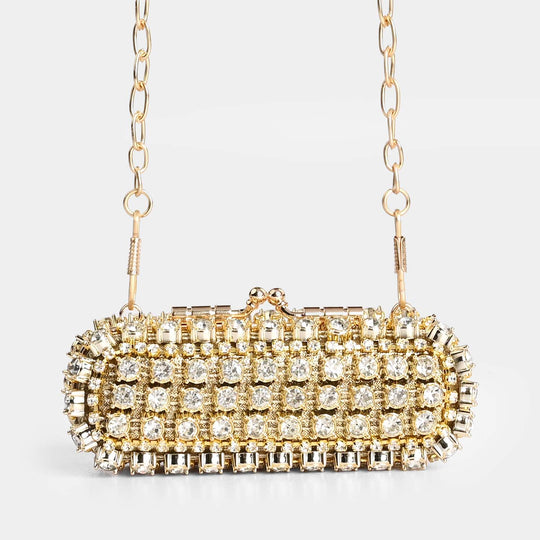 Gold Crystal Clutch Bag With Chain Strap
