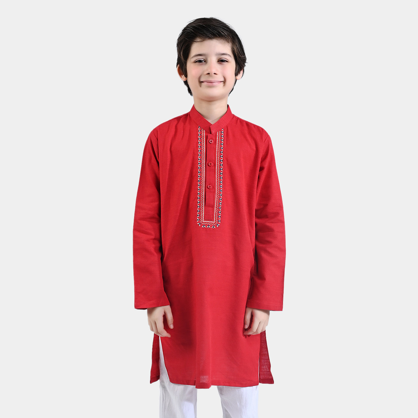 Boys Cotton Slub Embroidered Kurta (Blended EMB)-Reddish