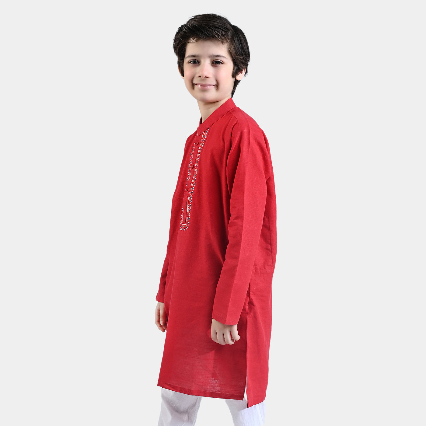 Boys Cotton Slub Embroidered Kurta (Blended EMB)-Reddish