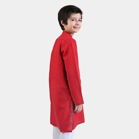 Boys Cotton Slub Embroidered Kurta (Blended EMB)-Reddish