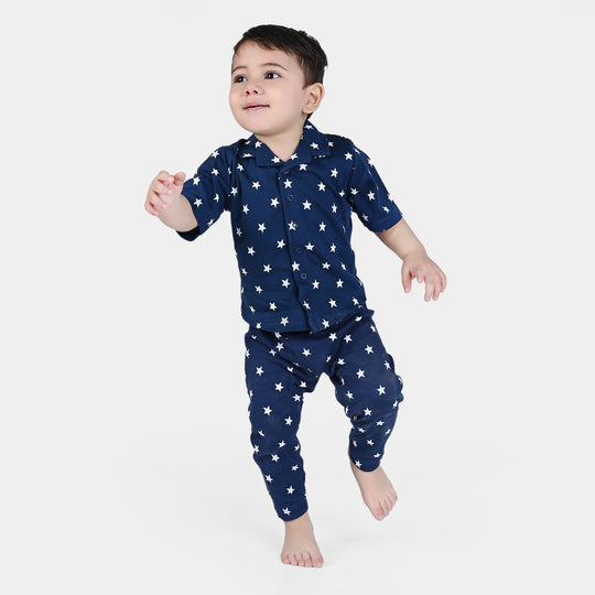 Infant Boys Cotton Jersey Knitted Night Suit Stars-NAVY