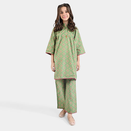 Girls Cotton Poplin Printed 2PC Suit Phulkari-Green