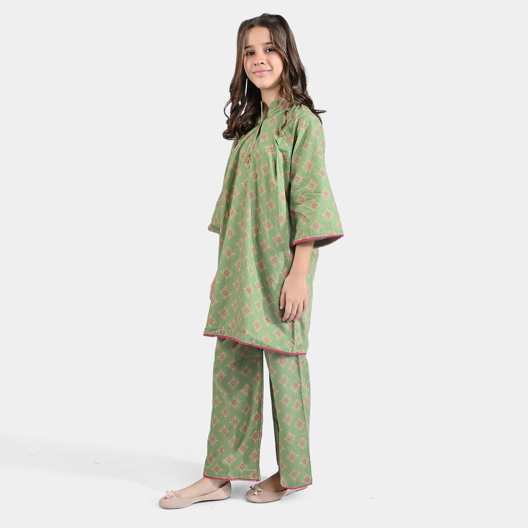 Girls Cotton Poplin Printed 2PC Suit Phulkari-Green