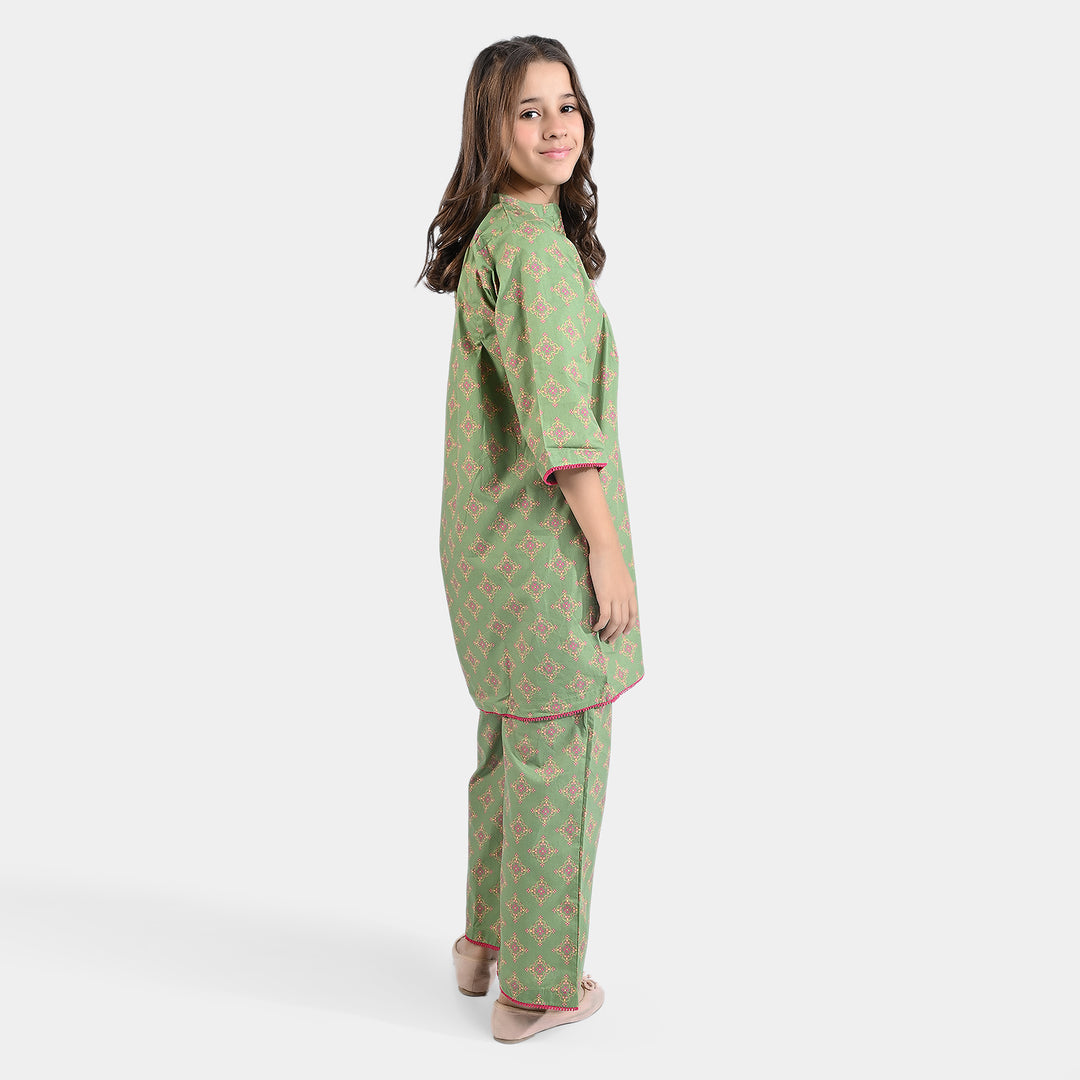 Girls Cotton Poplin Printed 2PC Suit Phulkari-Green