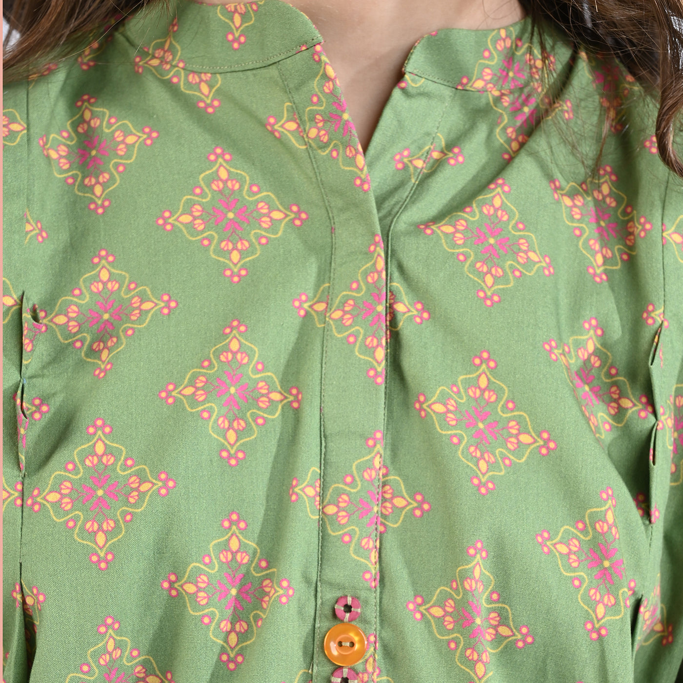 Girls Cotton Poplin Printed 2PC Suit Phulkari-Green