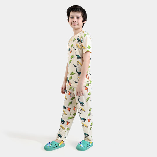 Boys Poly Cotton Jersey Knitted NightWear Dino & Dino-After Glow