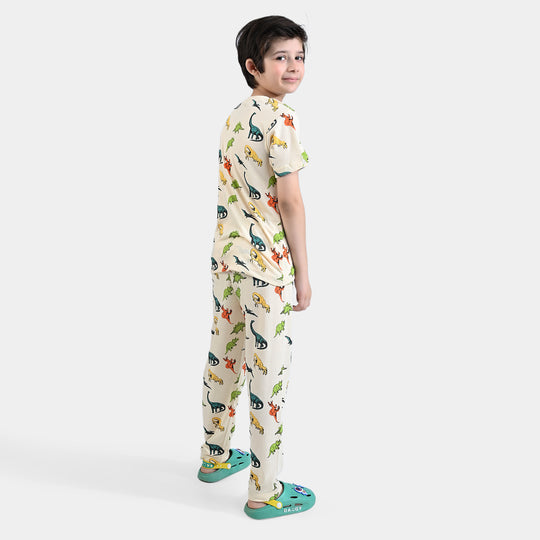 Boys Poly Cotton Jersey Knitted NightWear Dino & Dino-After Glow