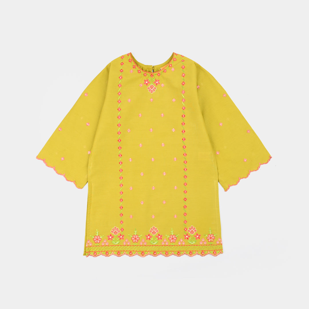 Girls Cotton Poplin Embroidered Kurti Dhani -Olive Green