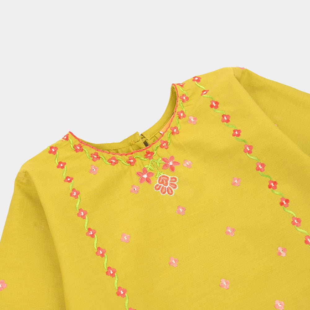 Girls Cotton Poplin Embroidered Kurti Dhani -Olive Green