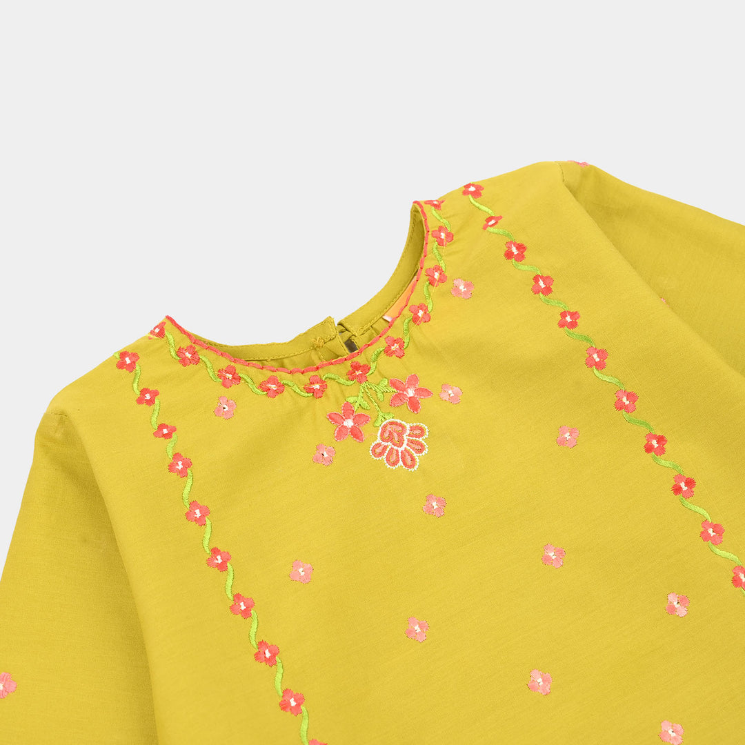 Girls Cotton Poplin Embroidered Kurti Dhani -Olive Green