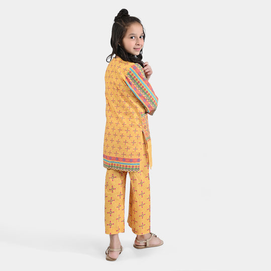 Girls Cotton Poplin Printed 2PC Suit Miral-Yellow