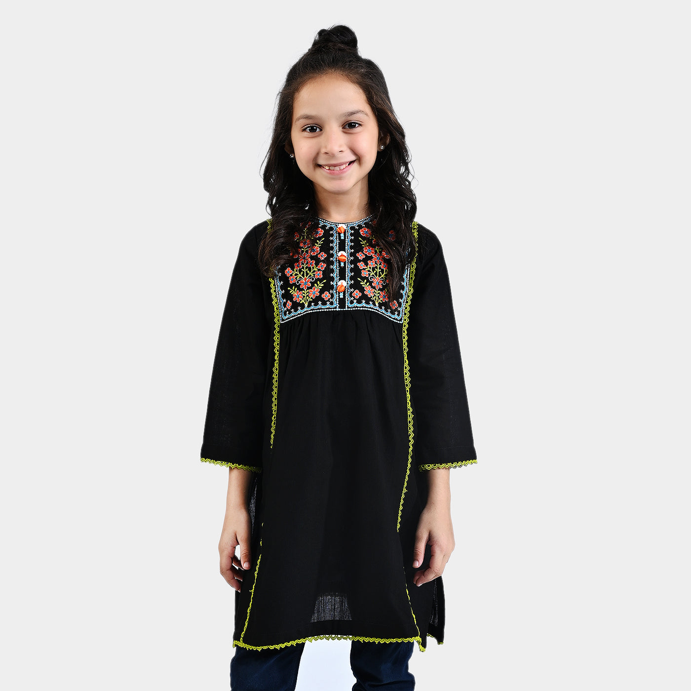 Girls Cotton Slub EMB Kurti Magical-BLACK