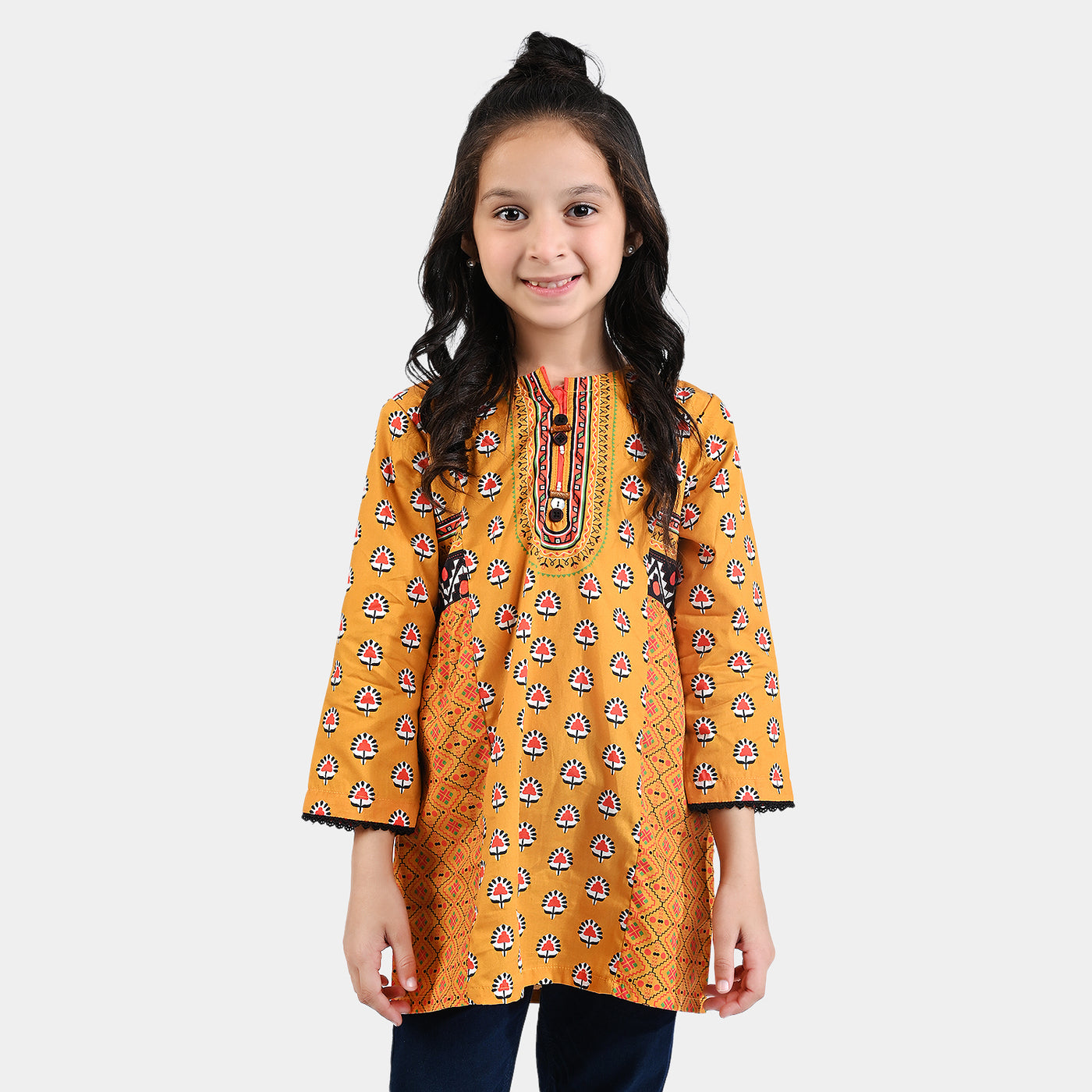 Girls Cotton Poplin Printed Kurti Olivia-Mustard