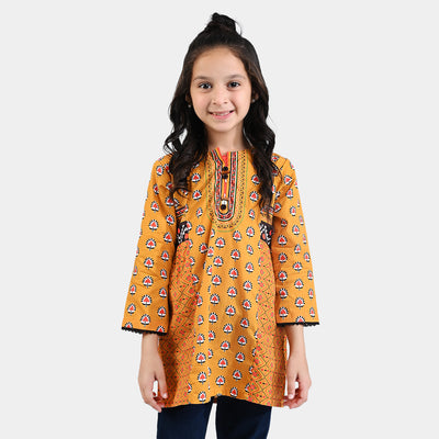 Girls Cotton Poplin Printed Kurti Olivia-Mustard