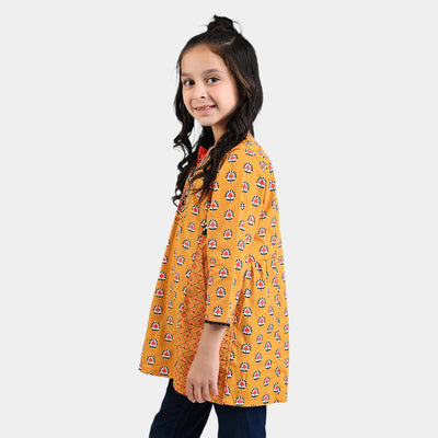 Girls Cotton Poplin Printed Kurti Olivia-Mustard