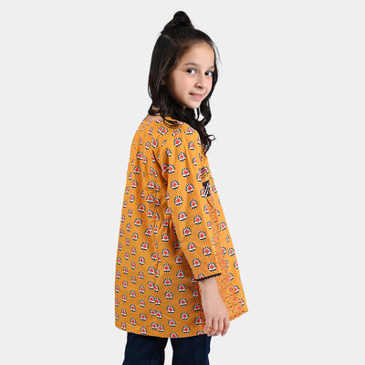 Girls Cotton Poplin Printed Kurti Olivia-Mustard