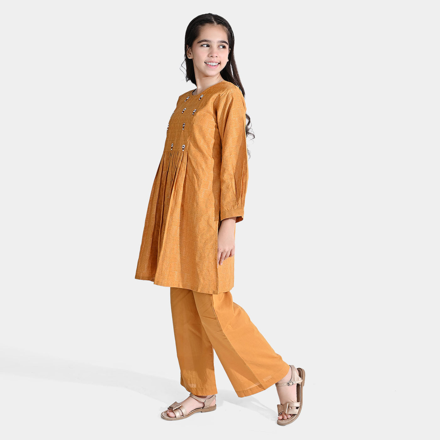 Girls Jacquard 2 Pcs Suit Shell Beads-Mustard