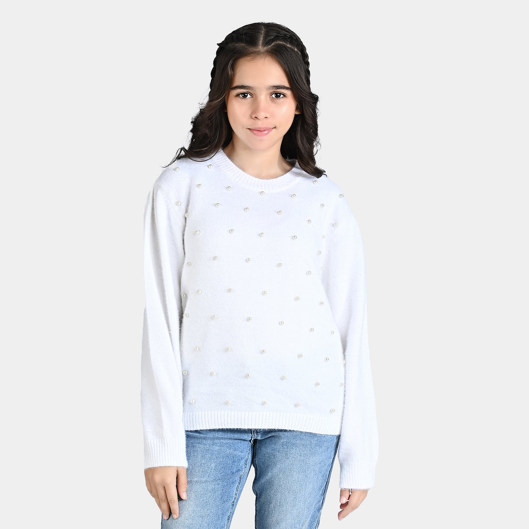 Teens Girls Acrylic Cropped Sweater-White