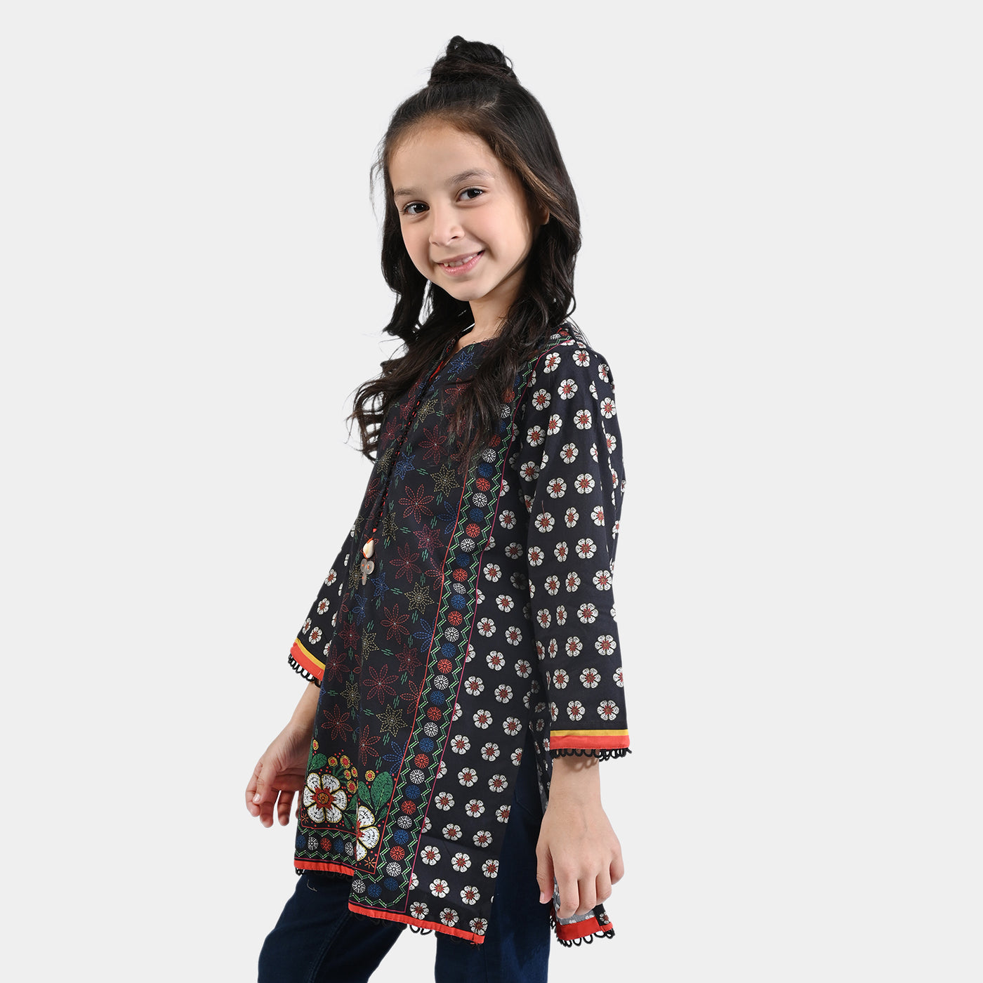 Girls Cotton Poplin Printed kurti Adventurous-BLACK